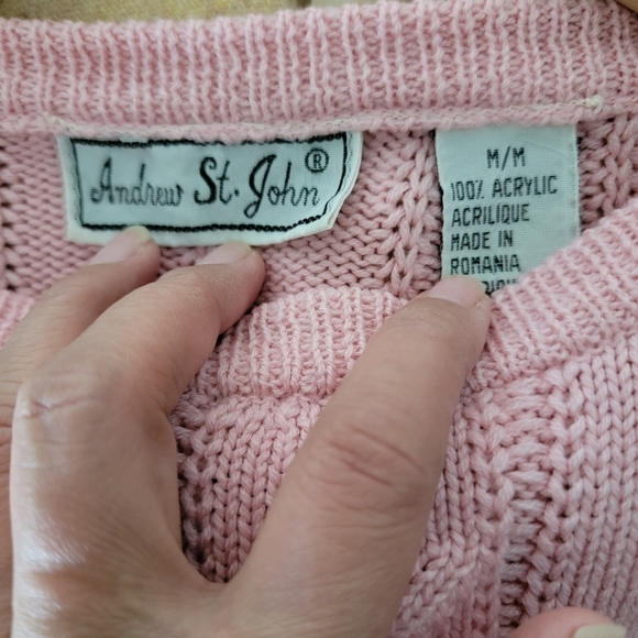 VTG Andrew St. John Baby Pink Crewneck Cable Knit Sweater Sz M Y2K Barbiecore - Picture 9 of 11